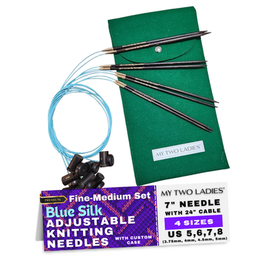 Blue Silk | Fine-Medium Set | Adjustable Knitting Needles | 4 Sizes | US5, US6, US7, US8 | w/custom case